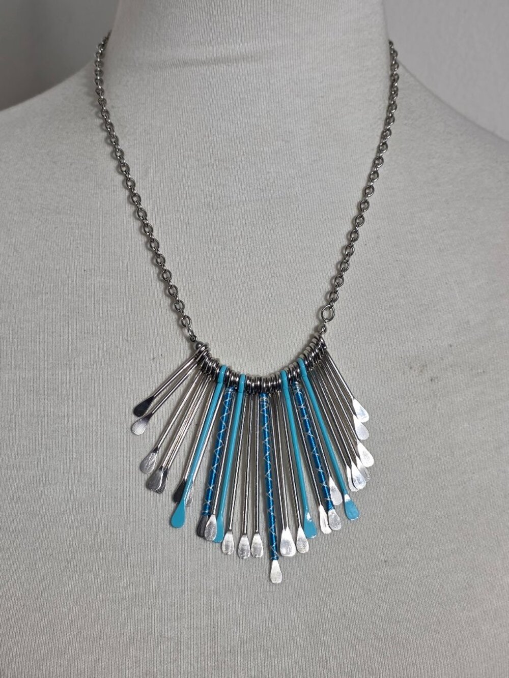 Aquamarine Silver-Tone Bib Necklace Metal Paddle Shaped Fringe in a Bib Layout